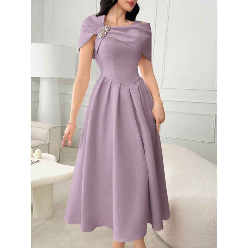 Asymmetric Diamond-Embellished Short-Sleeve Dress — Slim Fit, Elegant