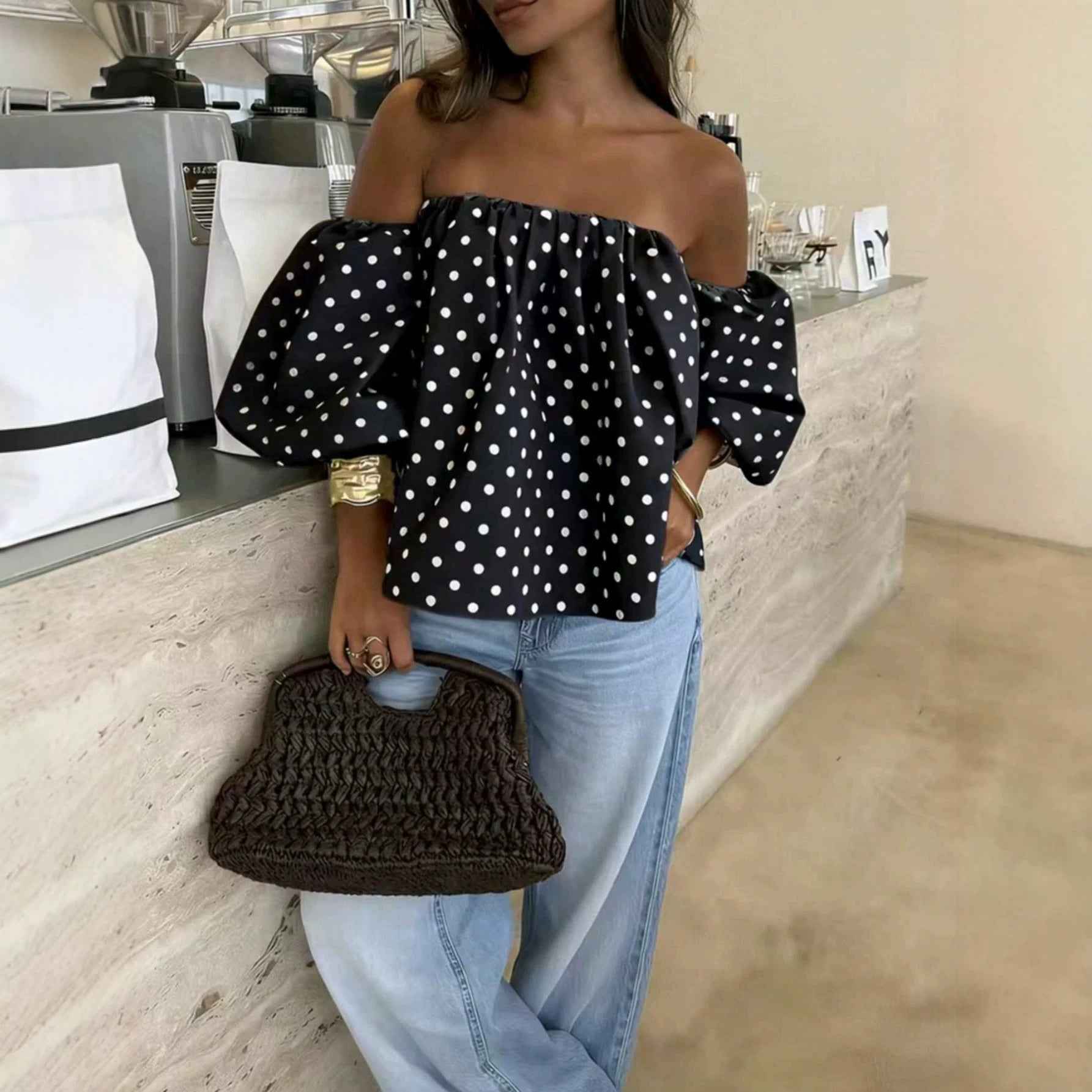 Off-Shoulder Polka Dot Top — Puff Lantern Sleeves
