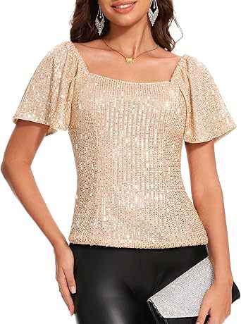Womens Fashionable Square-neck Short-sleeve Sequin Puffed Sleeves