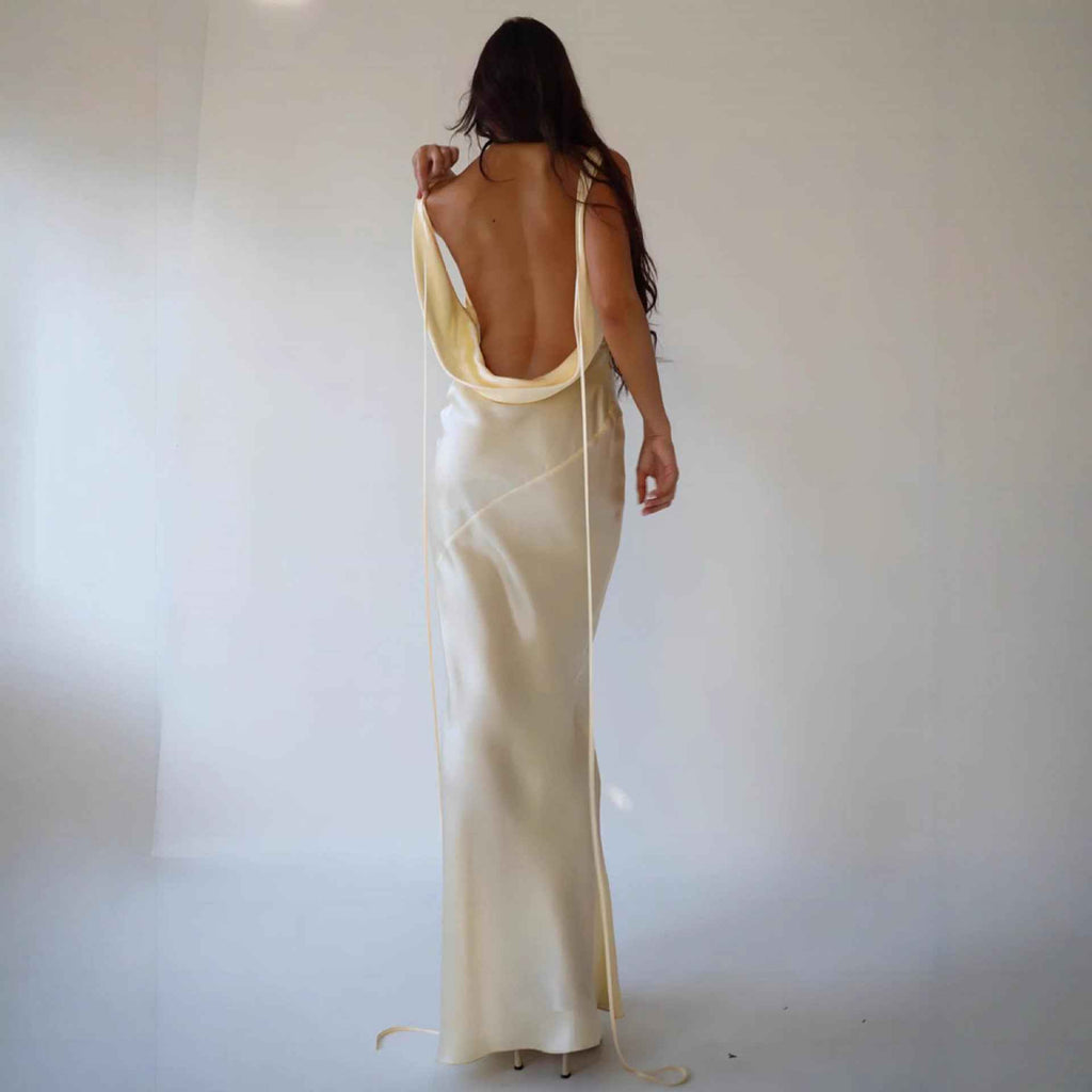 Spaghetti-Strap Open-Back Tie-Detail High-Waist A-Line Satin Maxi Dress