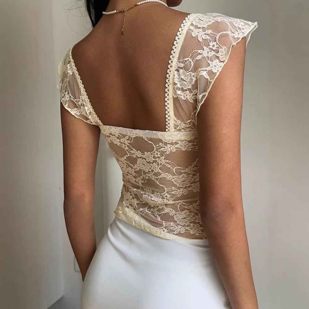 Lace V-neck Ruffled Demure-Style Short Shirt