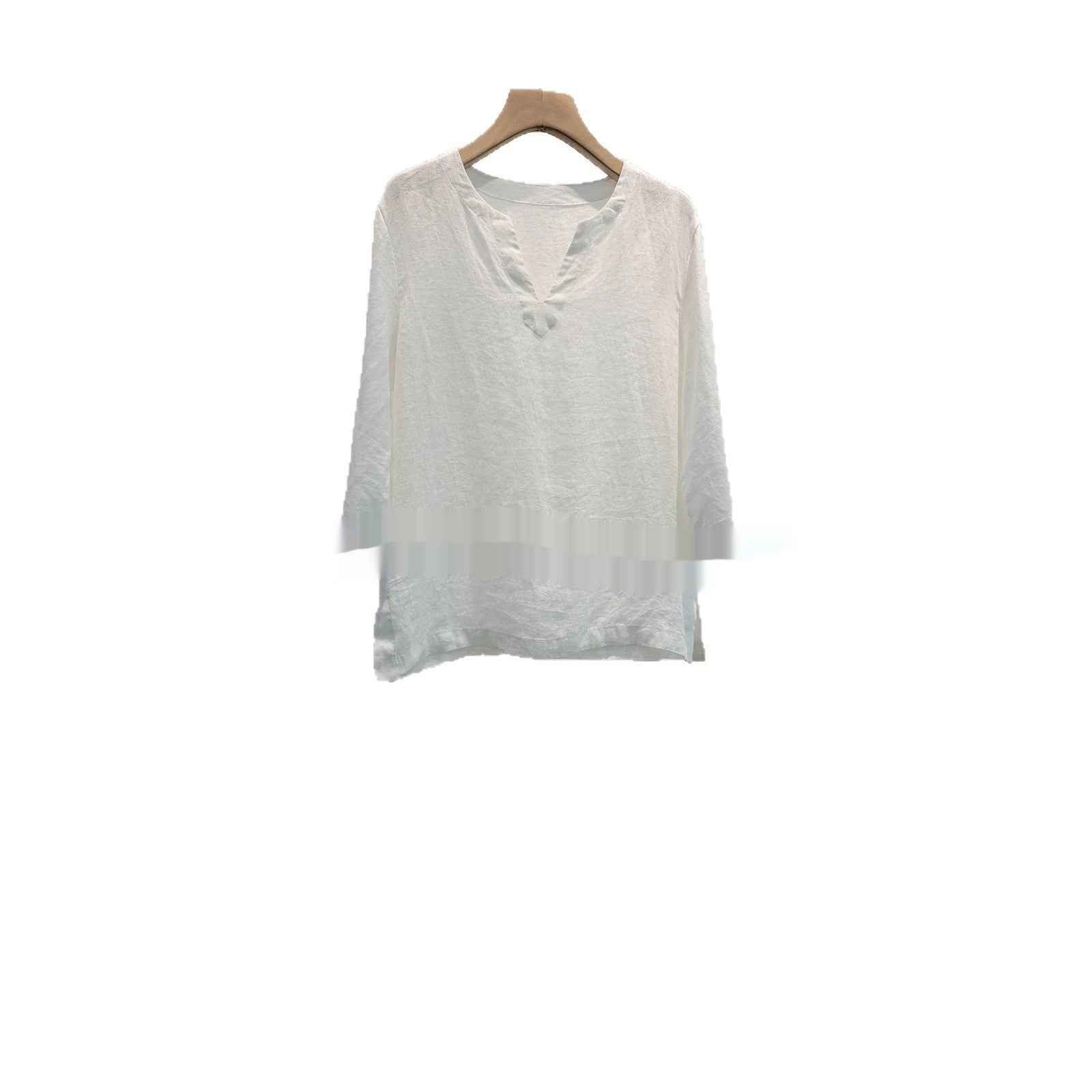 Womens Linen Plain-weave Top With Three-quarter Sleeves