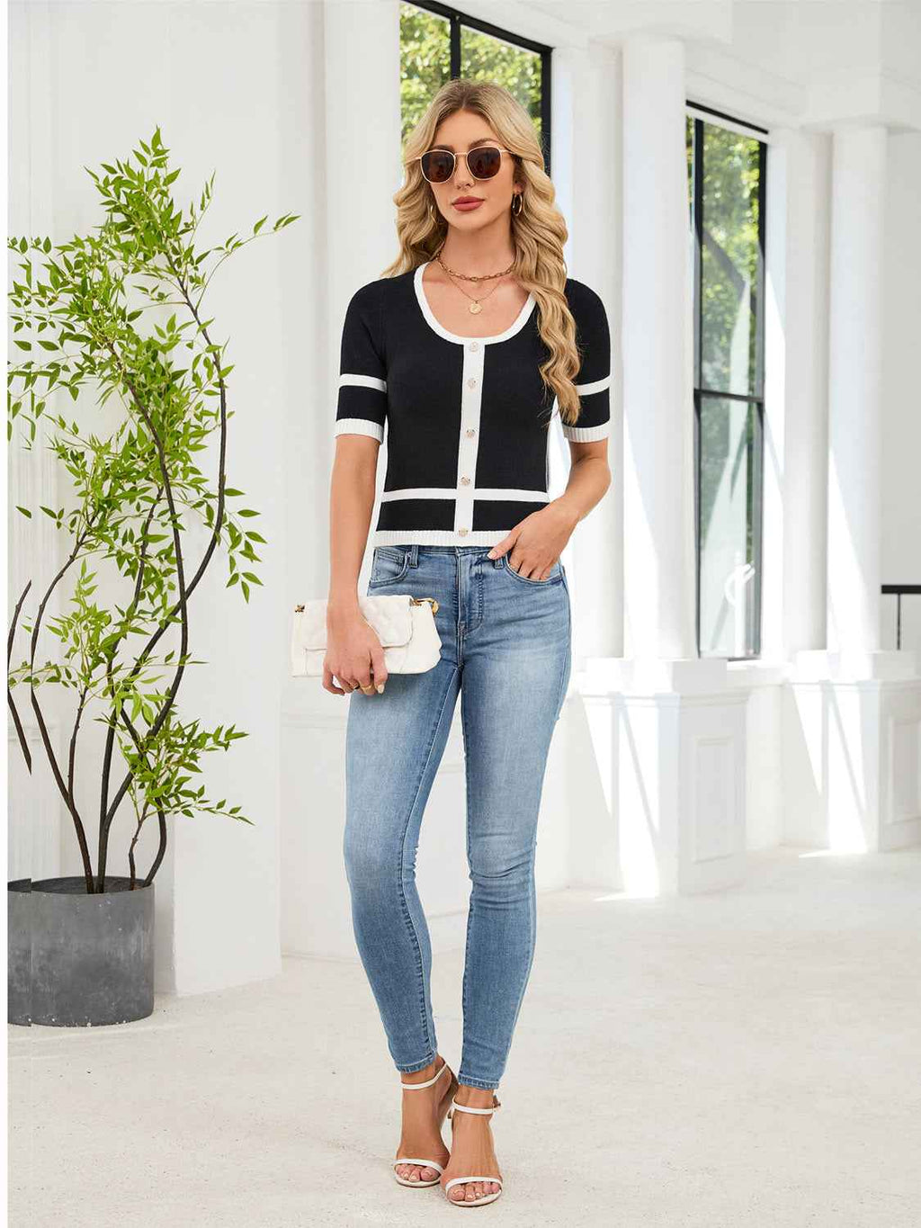 New Pullover Two-Tone Knit Top, Elegant Waist Slimming Workwear Versatile Tweed Style Knit Sweater For Women
