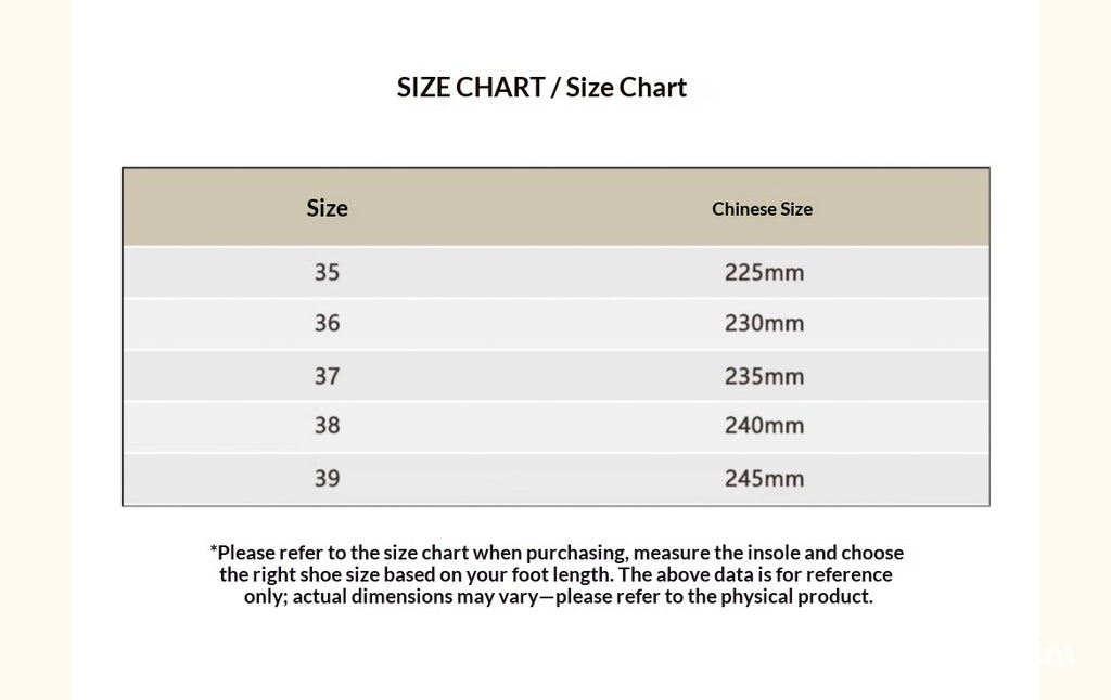 Shoe size chart with insole lengths from 225 mm for size 35 to 245 mm for size 39