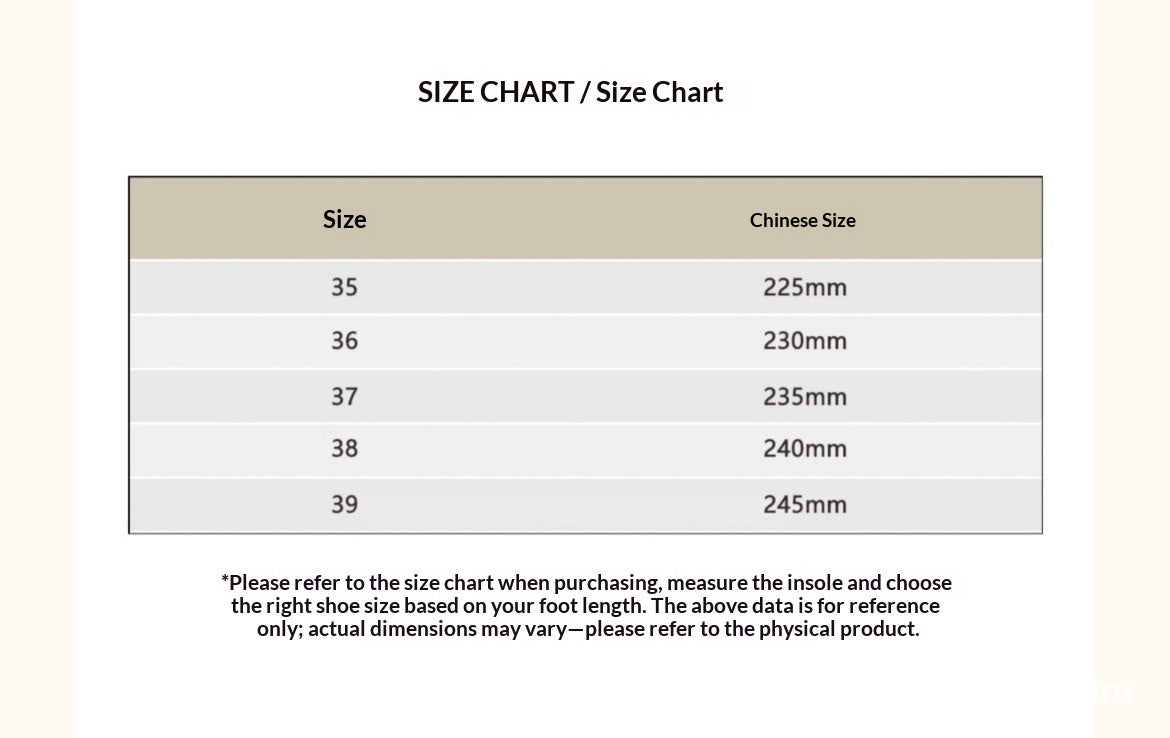 Shoe size chart with insole lengths from 225 mm for size 35 to 245 mm for size 39