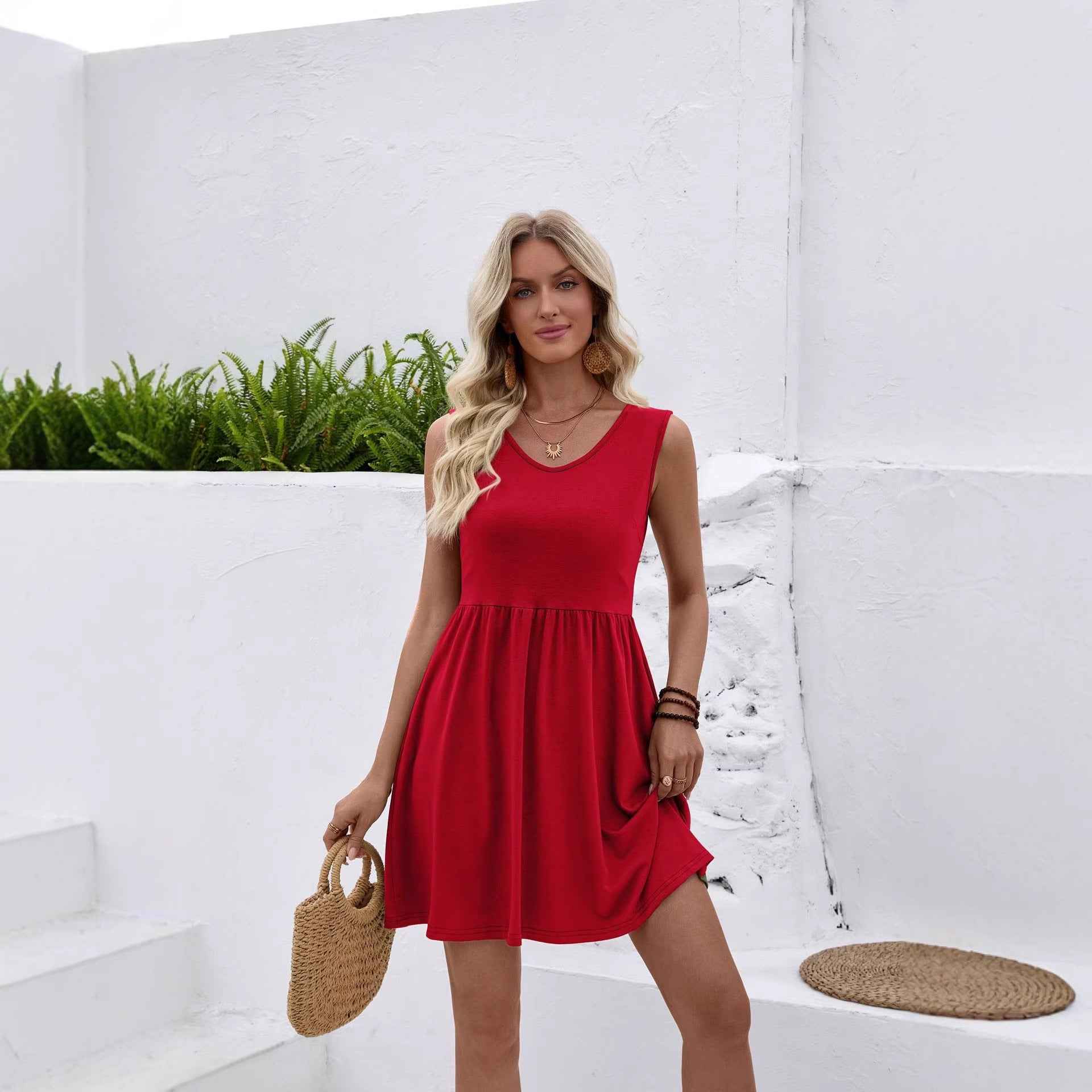 V-Neck Sleeveless Pleated A-Line Mini Dress