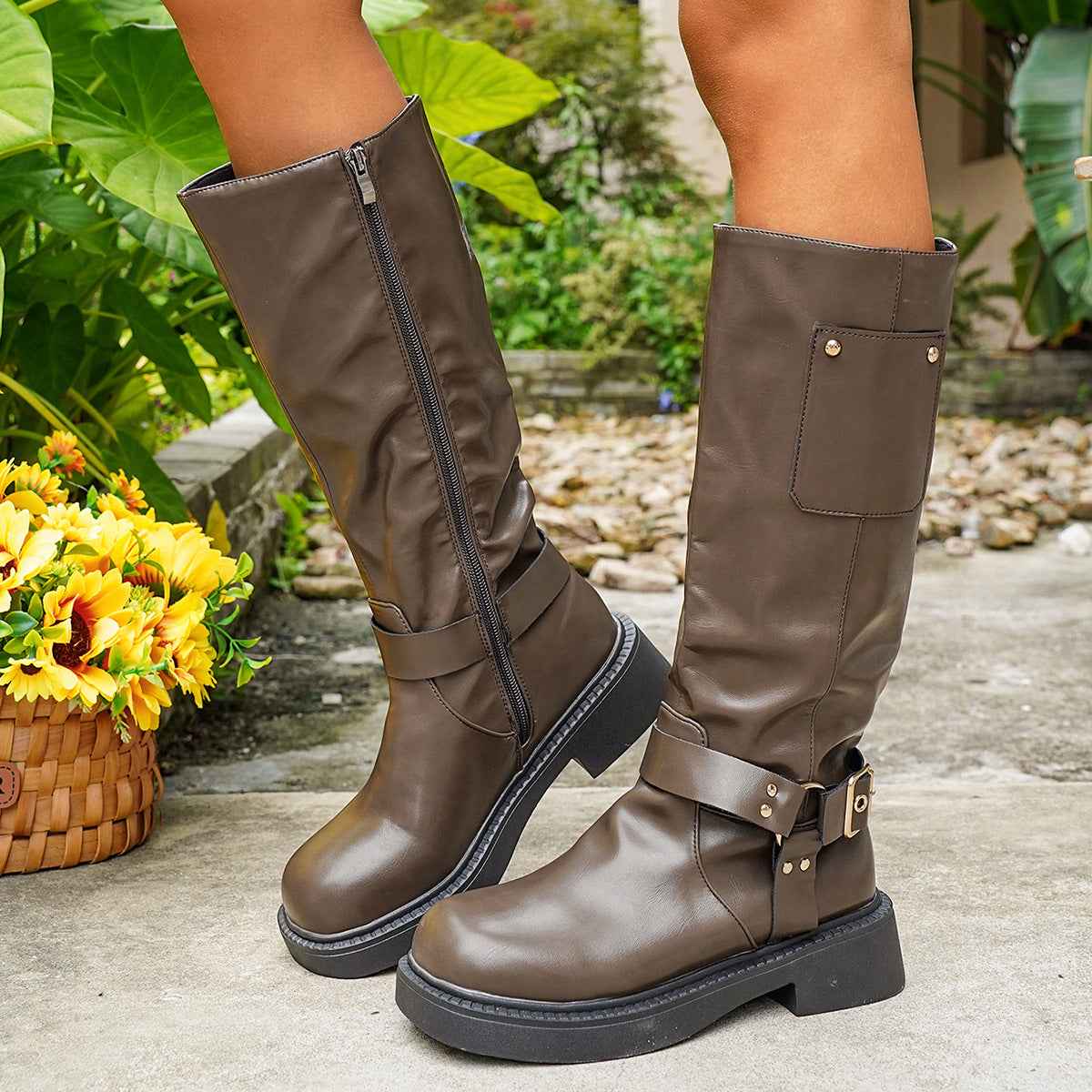 Chunky Heel High-Top Boots — Belt Buckle, Side Zip, British Style