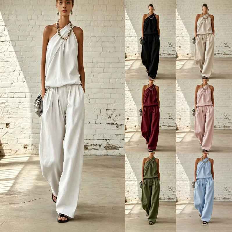 Cotton-Linen Pleated Sleeveless Double-Layer Top & Wide-Leg Pants Elegant Two-Piece Set