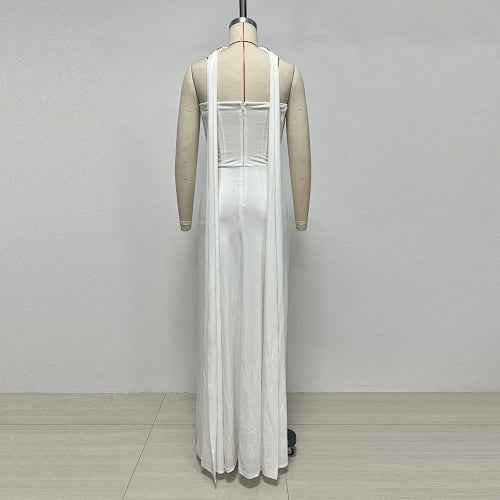 Rhinestone Ruched Halter-Neck Wrap Slim-Fit Maxi Pencil Dress