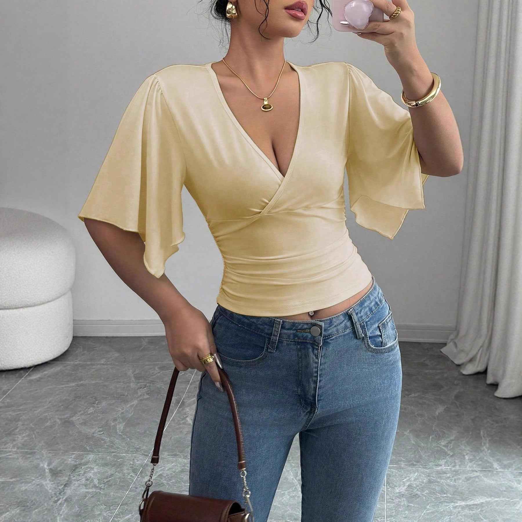 V-Neck Pleated Flutter Sleeve Slim Blouse — 3 Colours