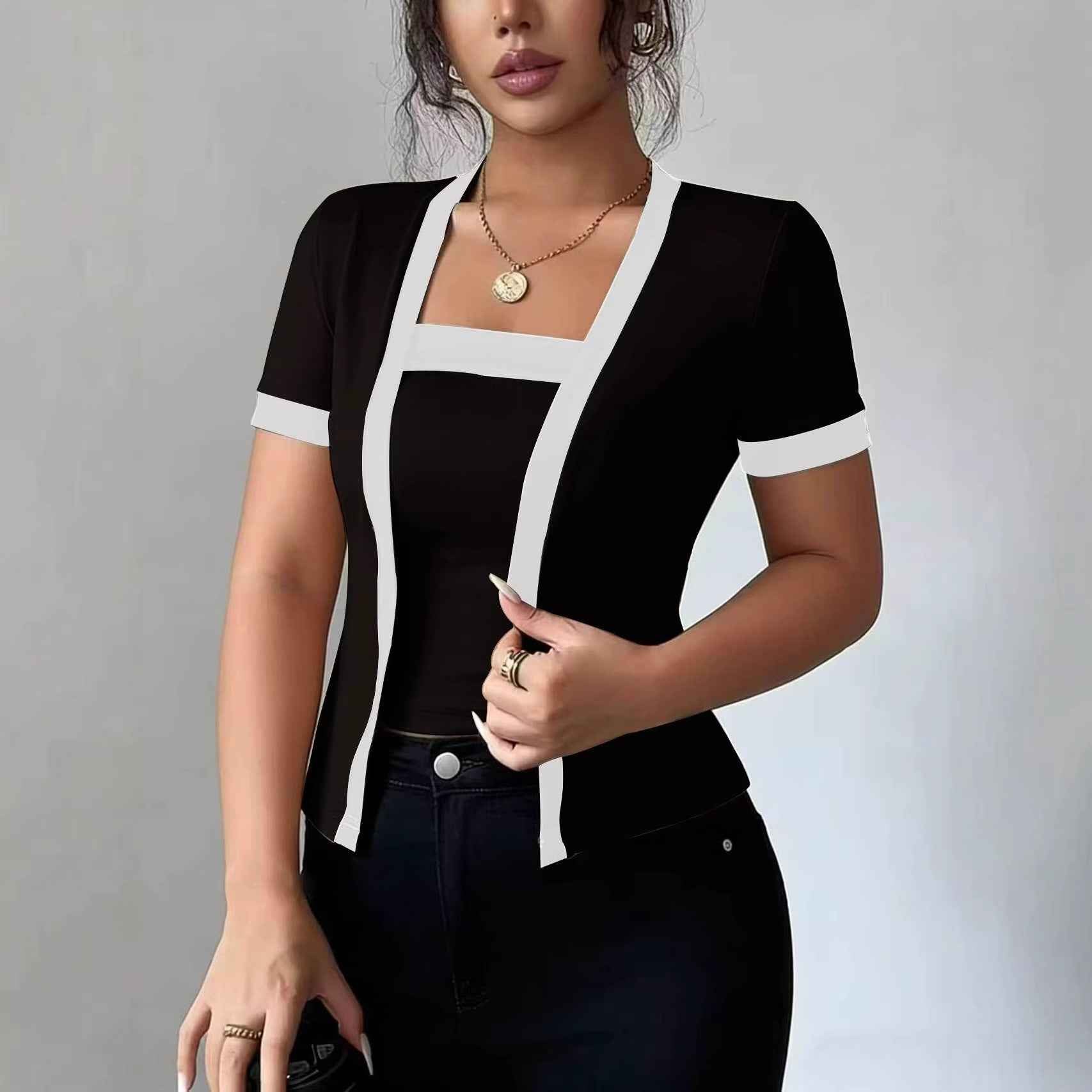 Patchwork Mock Two-Piece Slim Knit Top