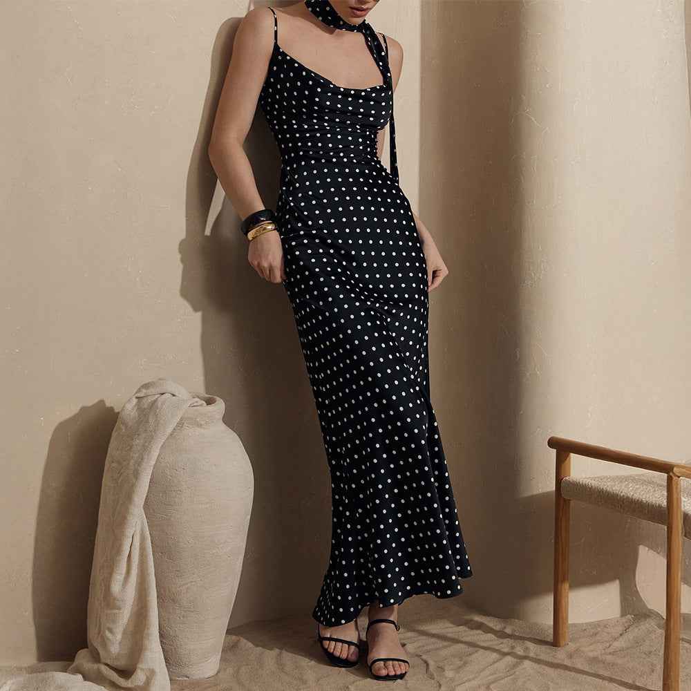 Polka Dot Mermaid Maxi Dress – Strapless with Ribbon Detail