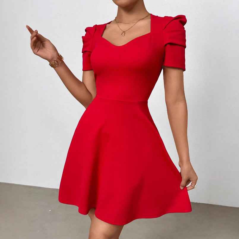 Boat-Neck High-Waist Zipper Mini Dress — Black & Red
