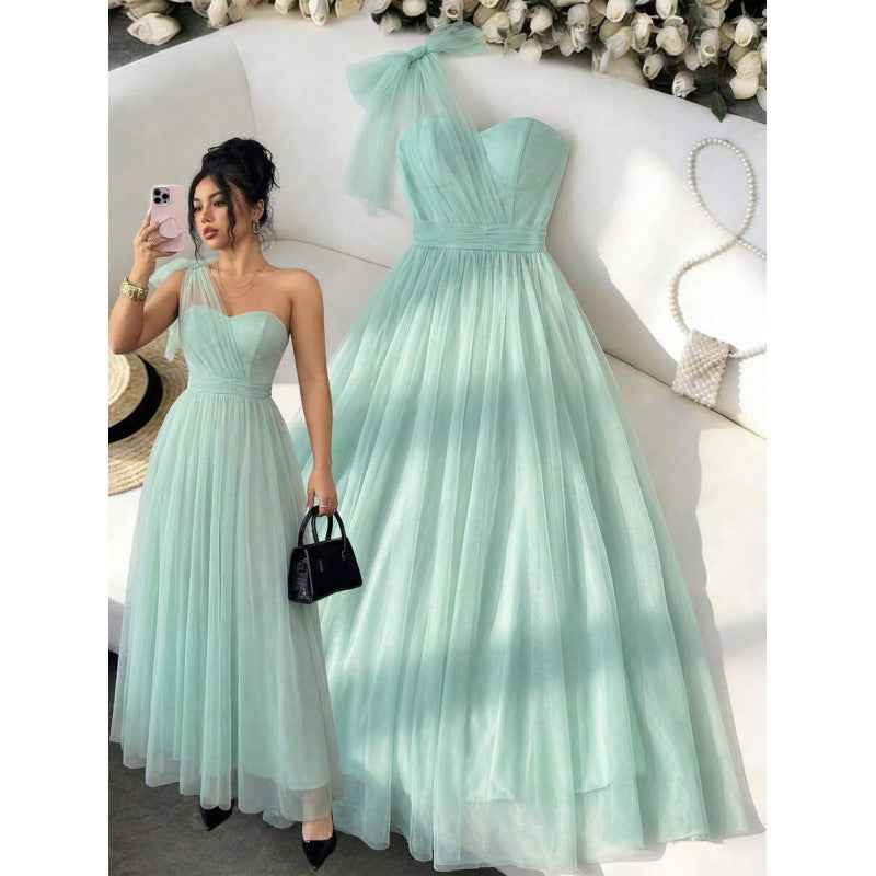 Womens Sleeveless Sheath Dress With Mesh One-Shoulder Design And Lace-Up Waist