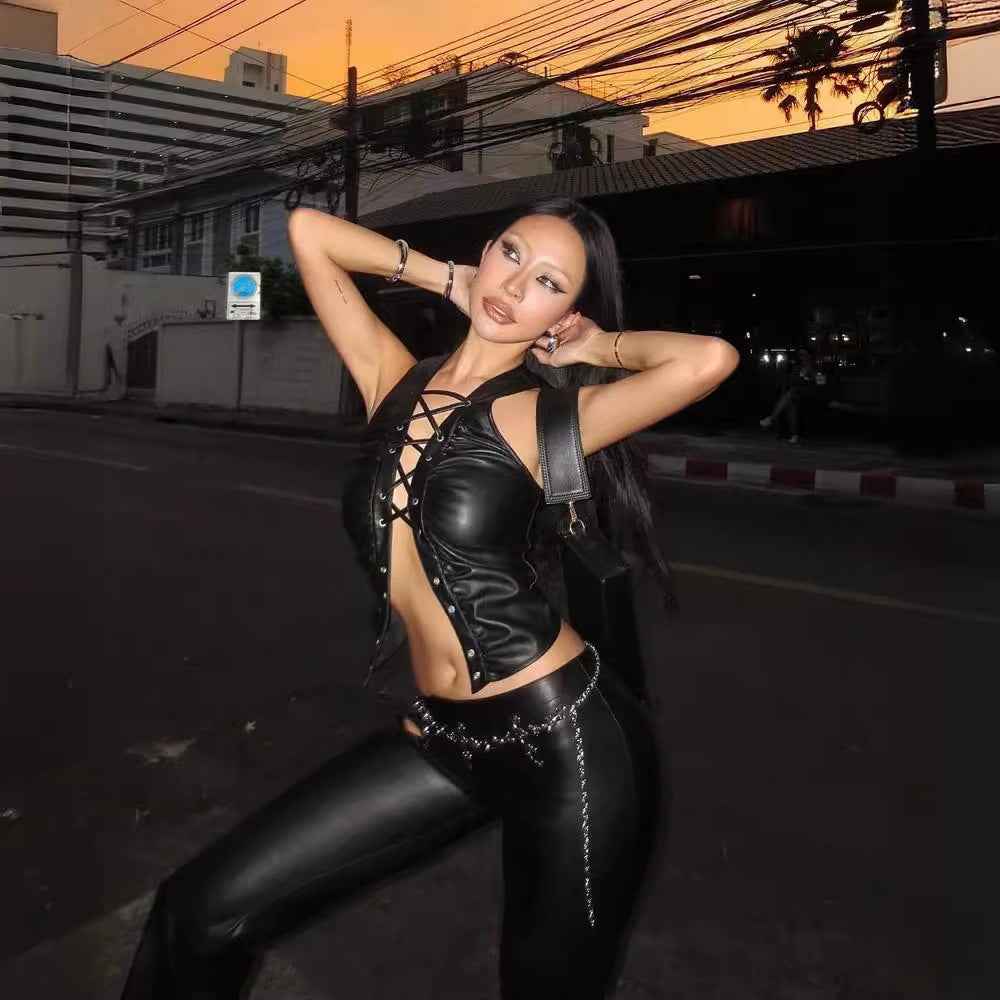 PU Leather Sleeveless Top – Rivet Strap Strapless Vest