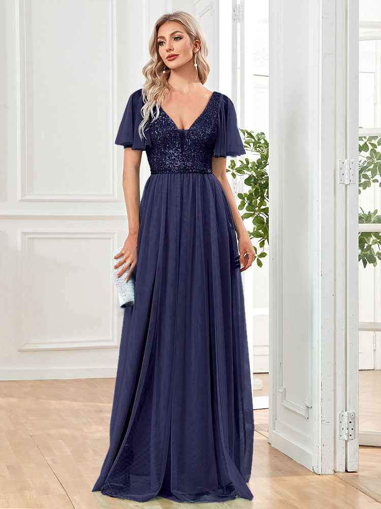 Womens Sexy V-neck Short-sleeve Long Dress