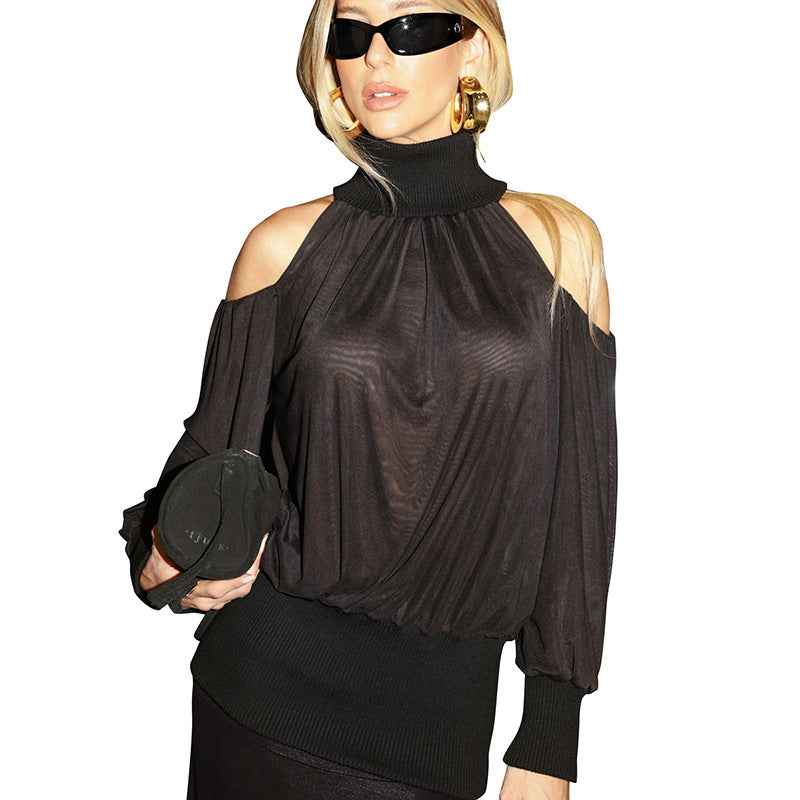 Autumn Womens Off-shoulder High-neck Sheer Mesh Long-sleeve Versatile Top
