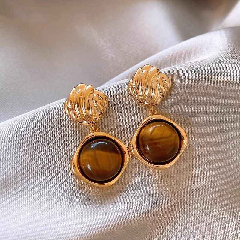 Sterling Silver Maillard Tiger Eye Stone Stud Earrings For Women, 2026 New Hot Selling Light Luxury High-End Autumn Winter Ear Jewelry