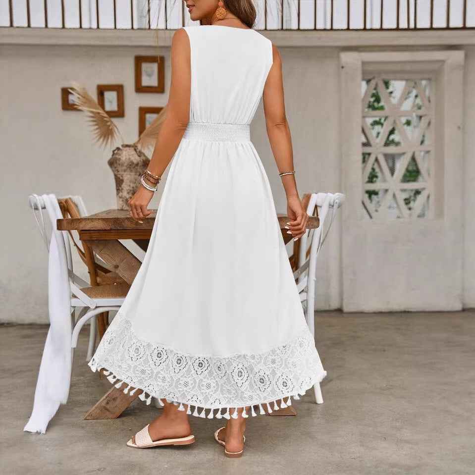 Strappy V-Neck Backless Lace Dress — Elegant Mid-Rise