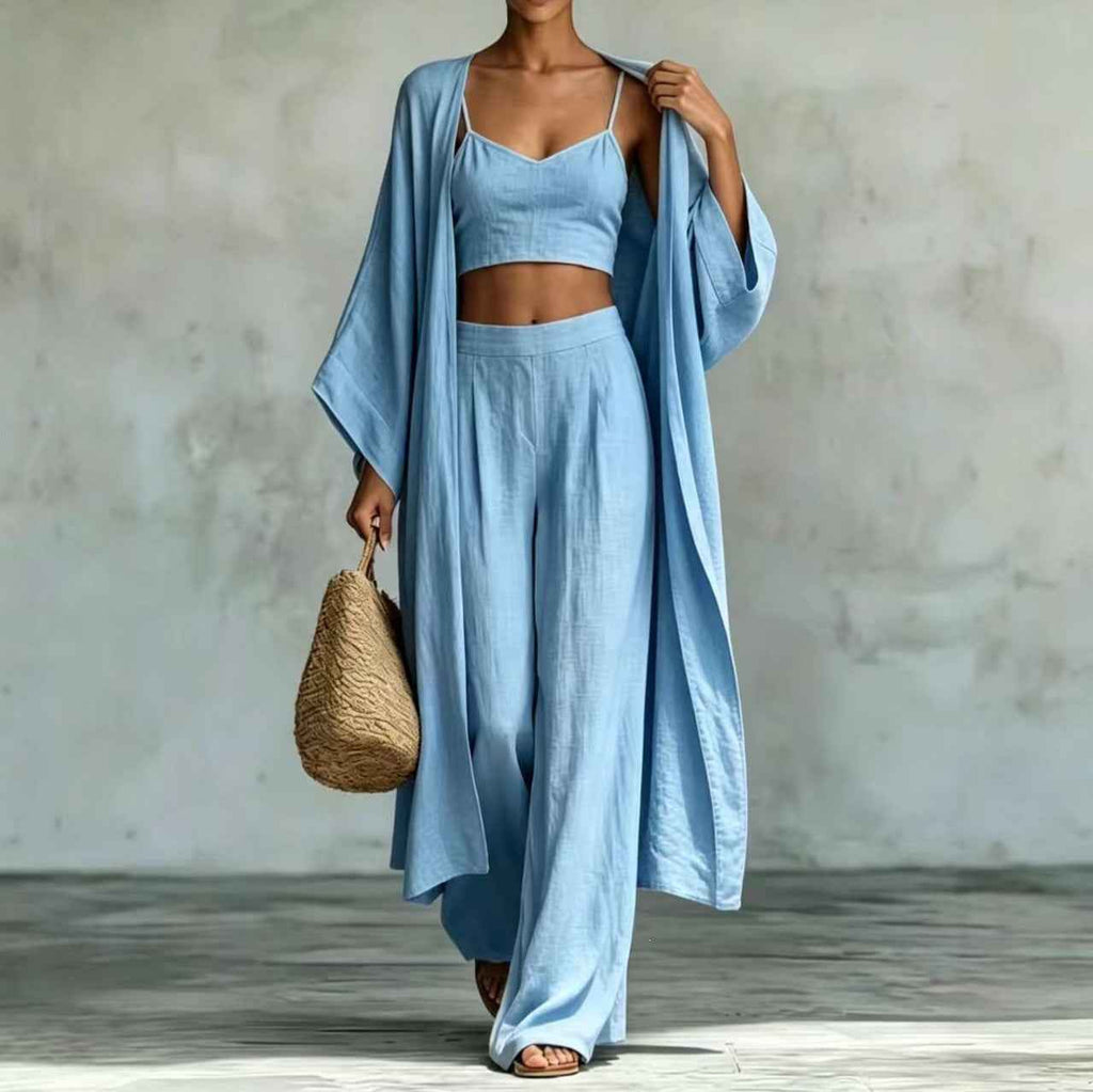 Cardigan Camisole High Waisted Wide Leg Pants Three Piece Set