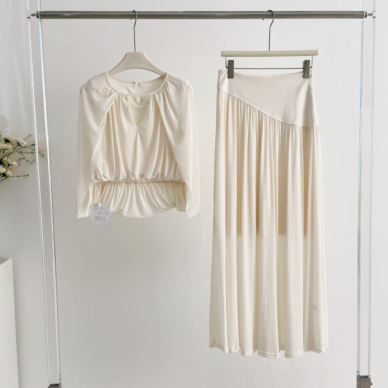 Puff-Sleeve Top & Floor-Length Pleated A-Line Skirt Set