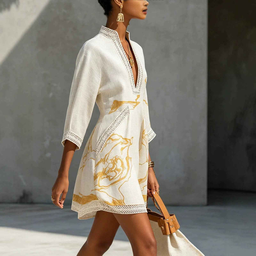 Printed V-neck Lace-trimmed Three-quarter-sleeve Mini Dress