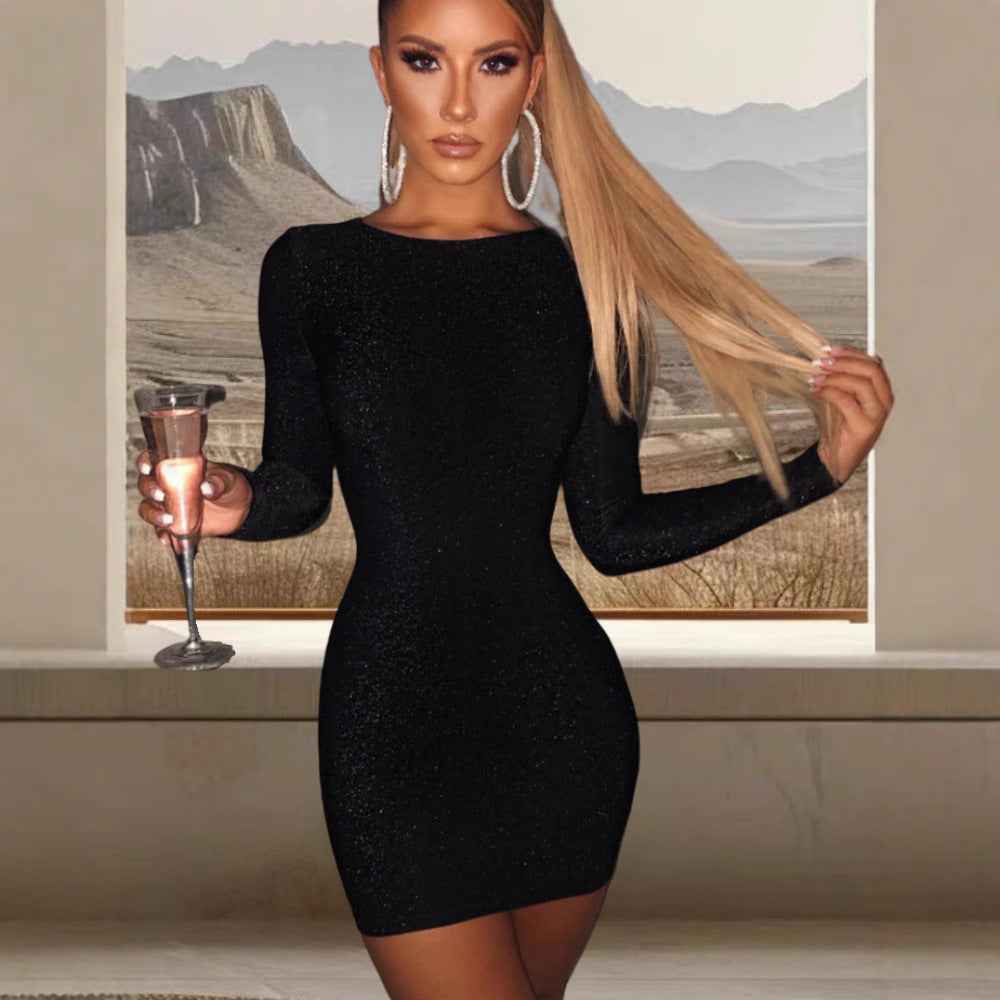 Black Shimmer Long-Sleeve Mini Dress