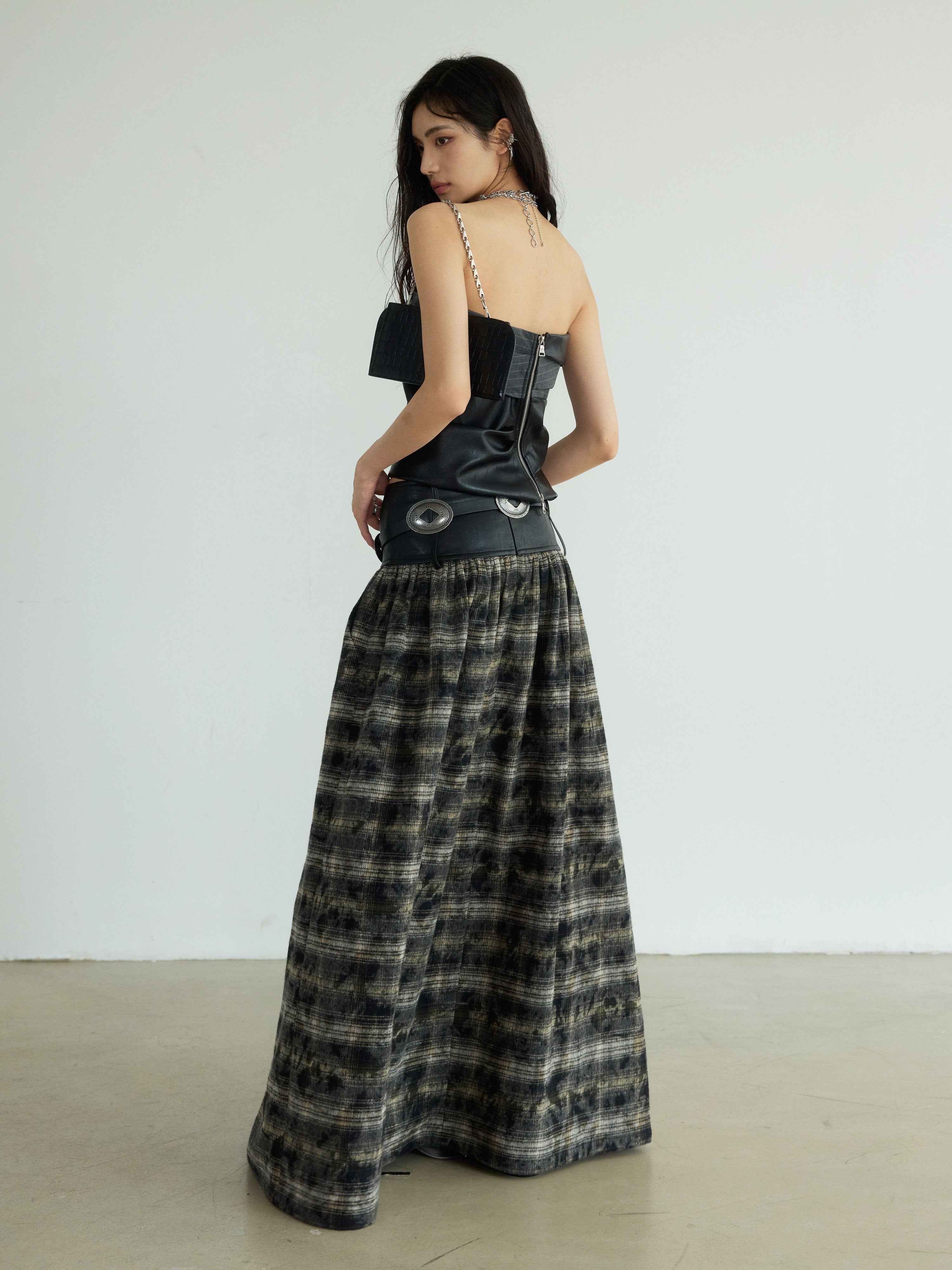Women's Vintage Checkered Maxi Skirt – Black Cotton