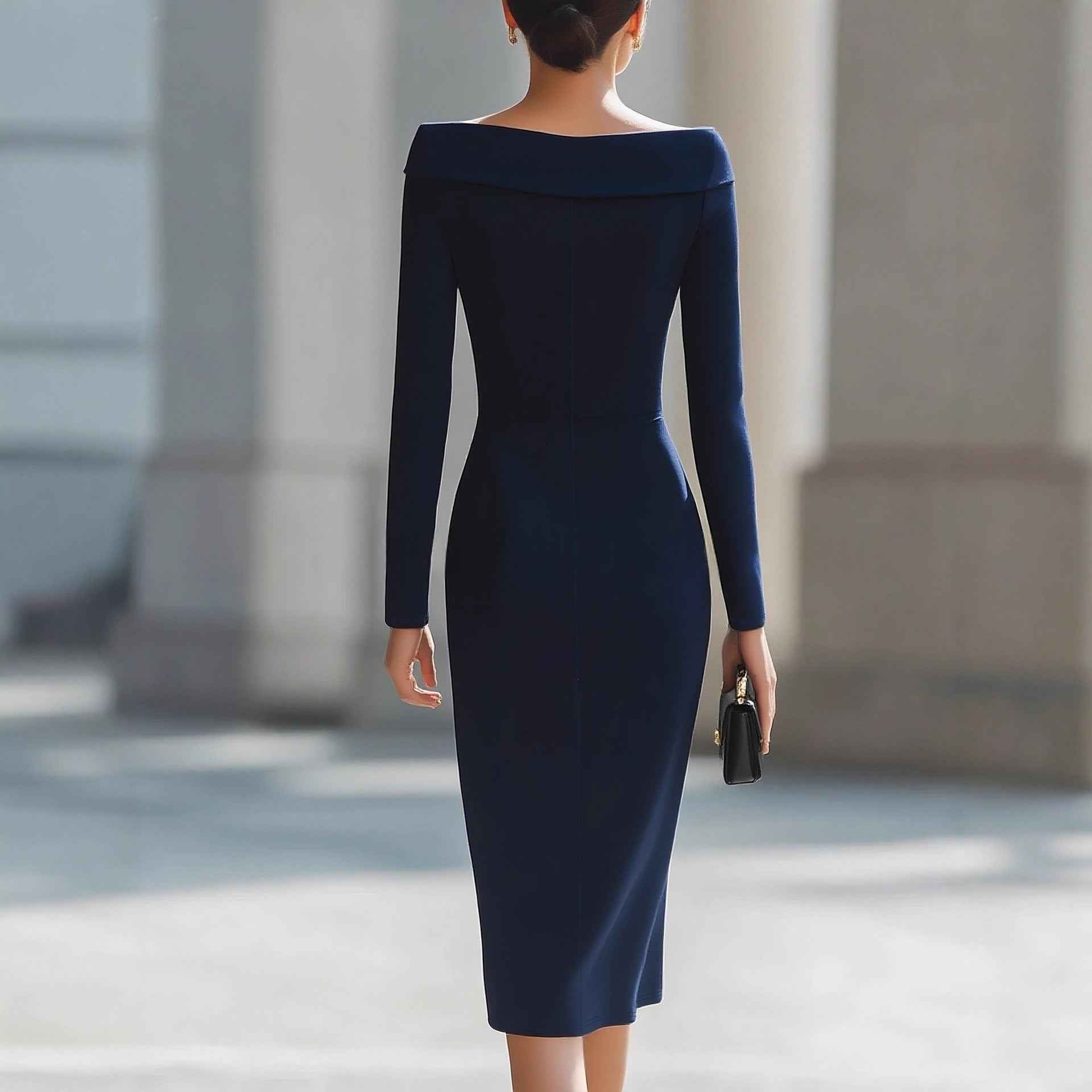 Women's Colour-Block Long-Sleeve Slim Midi Dress — Navy Blue, S–2XL