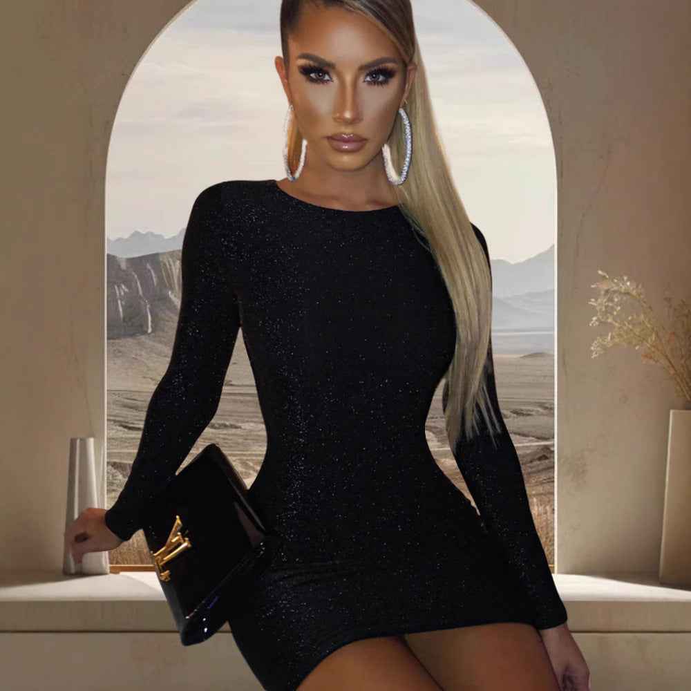 Black Shimmer Long-Sleeve Mini Dress
