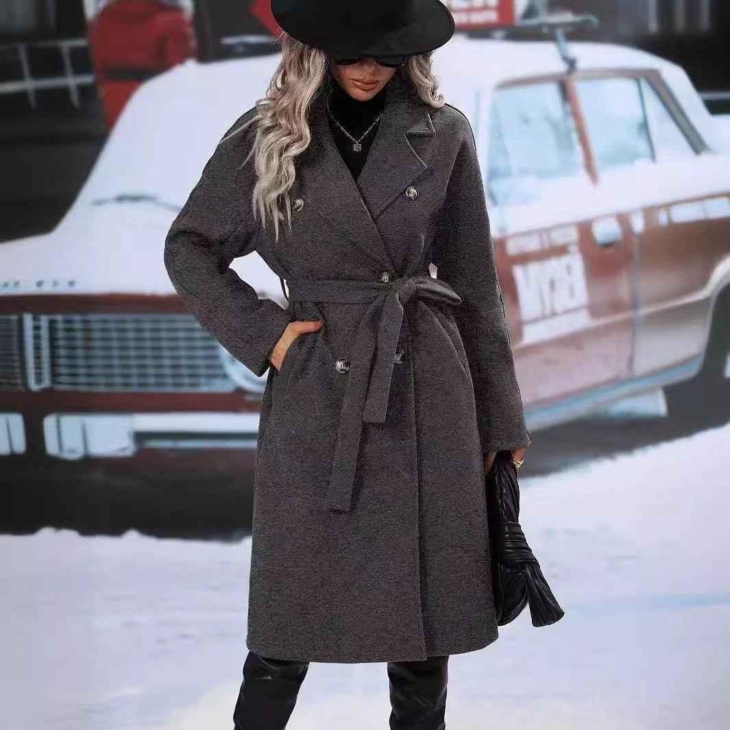 Women's Double-Breasted Woolen Coat – Long Lapel Jacket with Waist Tie