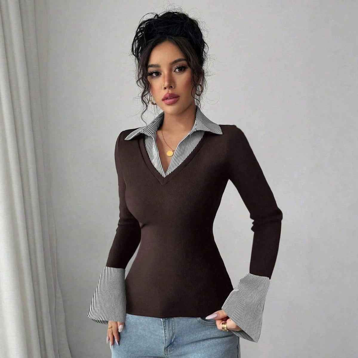 Womens Long-Sleeve Fashionable Casual Lapel T-Shirt