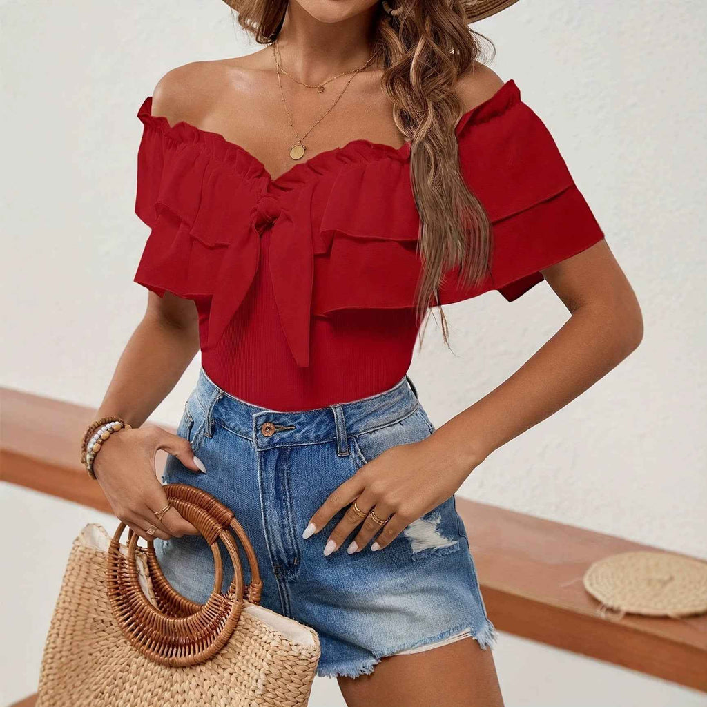 Off-Shoulder Ruffle Top — Tie Belt, Slim Fit Pullover