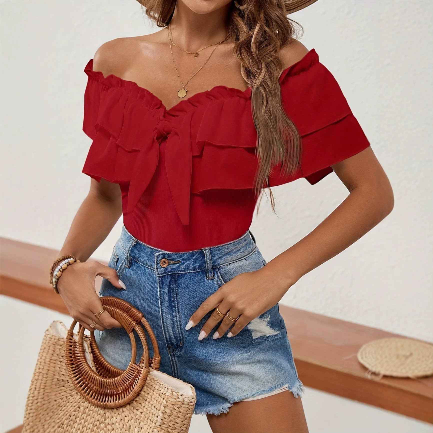 Off-Shoulder Ruffle Top — Tie Belt, Slim Fit Pullover