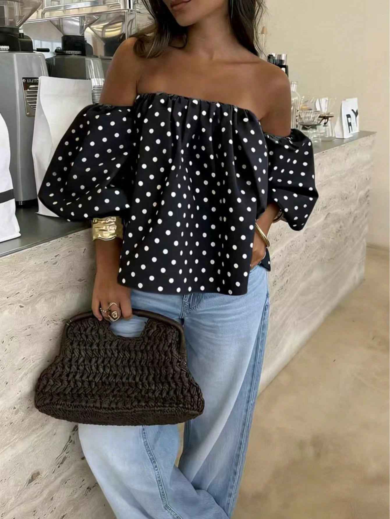 Off-Shoulder Polka Dot Top — Puff Lantern Sleeves
