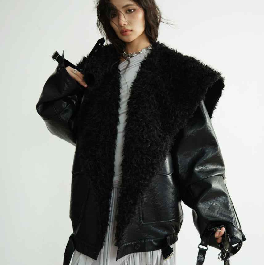 Heavyweight PU Leather Jacket – Mid-Length Silhouette, Black