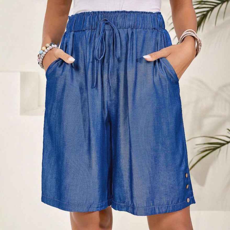 High-Waist Casual Shorts — Solid Color, Resort Style