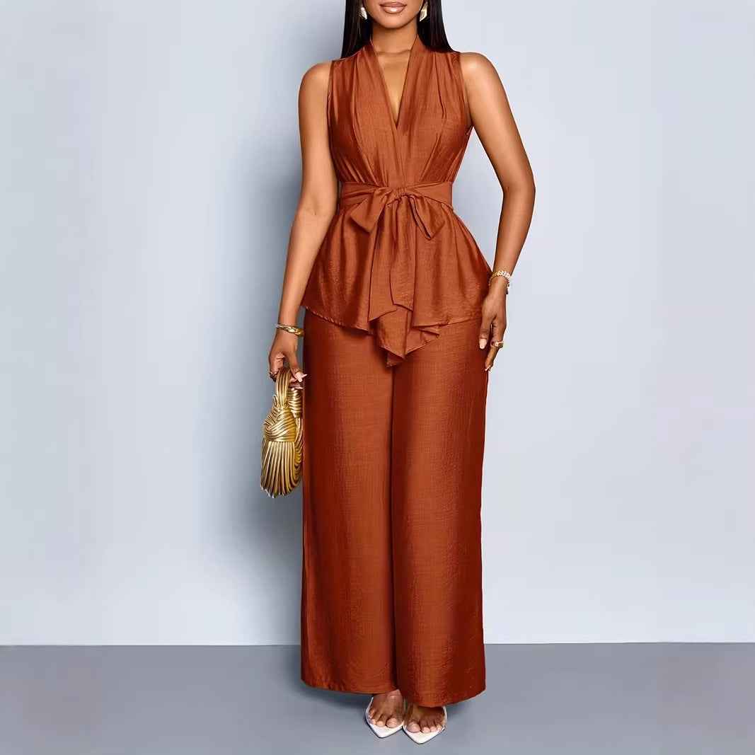 Womens V-neck Sleeveless Asymmetrical Top And Wide-leg Pants Set