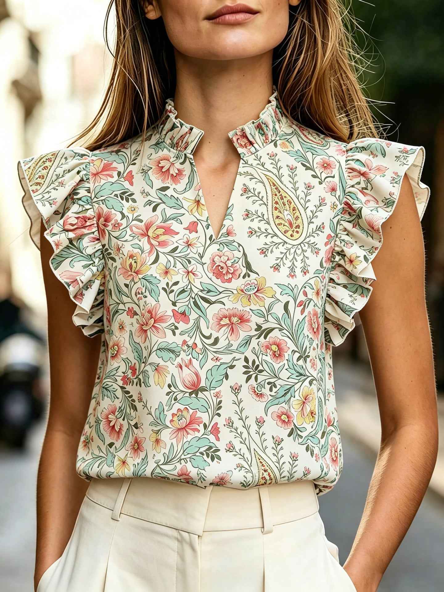 Ruffle-Trim Printed Sleeveless Shirt