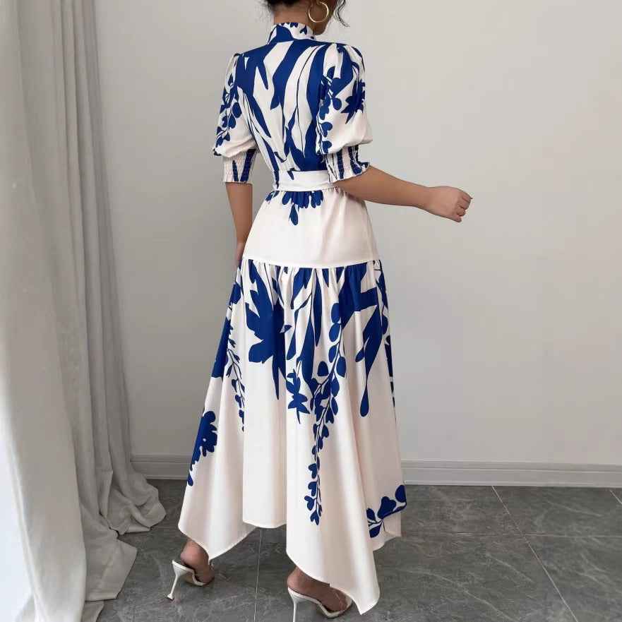 Floral Print V-Neck A-Line Midi Dress — Blue & White, S–XL