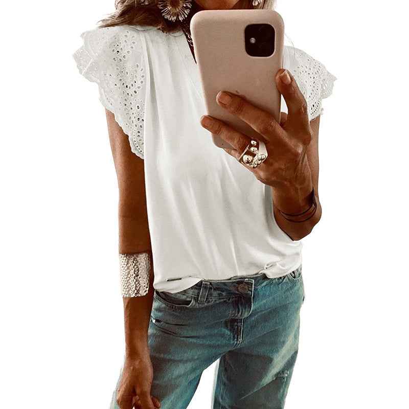 V-Neck Ruffle-Trim Loose Short Sleeve Shirt