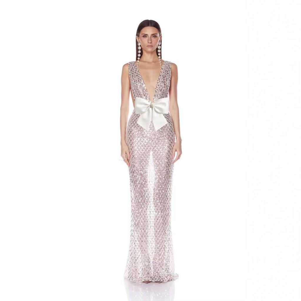 Sleeveless Deep V-Neck Sequin Mesh Embroidered Bow Bodycon Pencil Dress