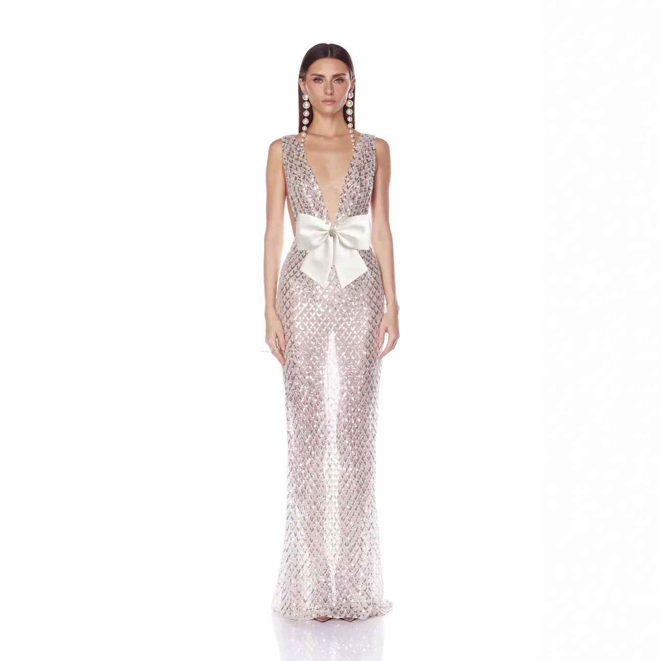 Sleeveless Deep V-Neck Sequin Mesh Embroidered Bow Bodycon Pencil Dress