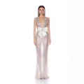 Sleeveless Deep V-Neck Sequin Mesh Embroidered Bow Bodycon Pencil Dress