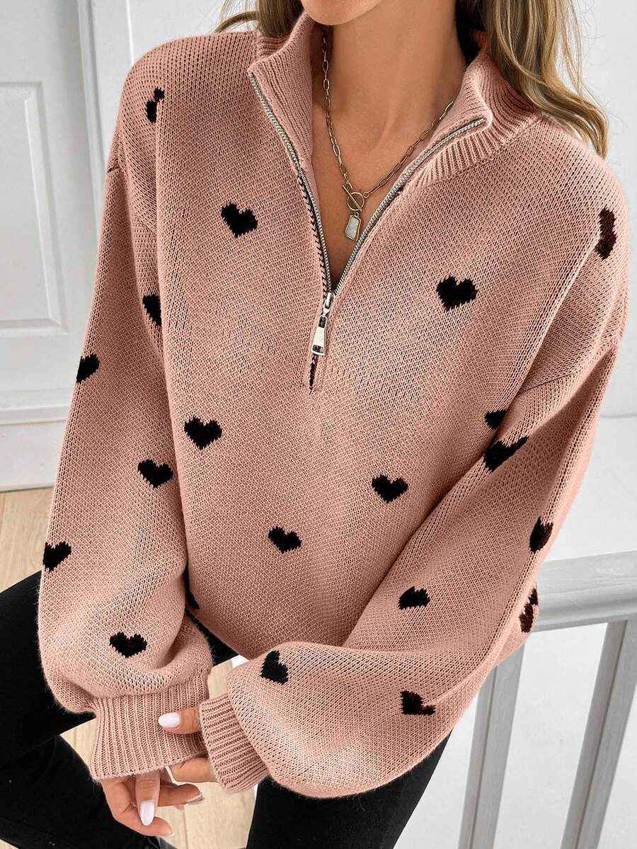 Womens Knitted Long-sleeve Sweater With A Heart-pattern Zipper