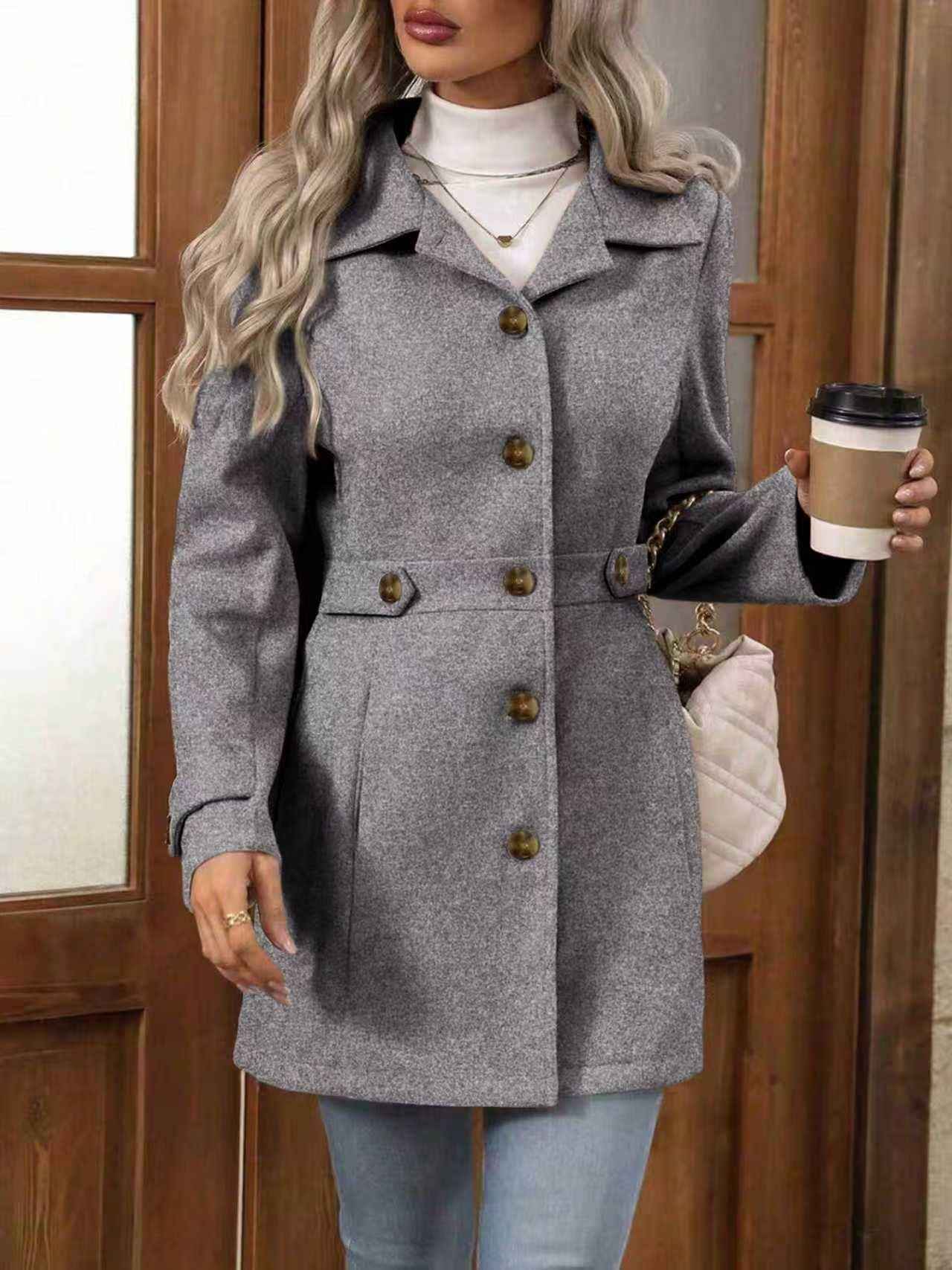 Women's Wool-Blend Lapel Overcoat – Button-Up Elegant Coat