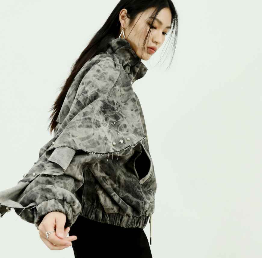 Women's Distressed Ruffled Hem Denim Jacket