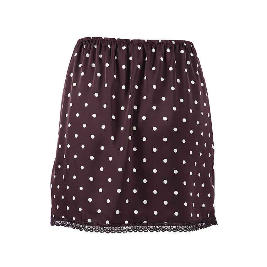 Women's Polka Dot Lace-Spliced Satin Mini Skirt — A-Line & Retro