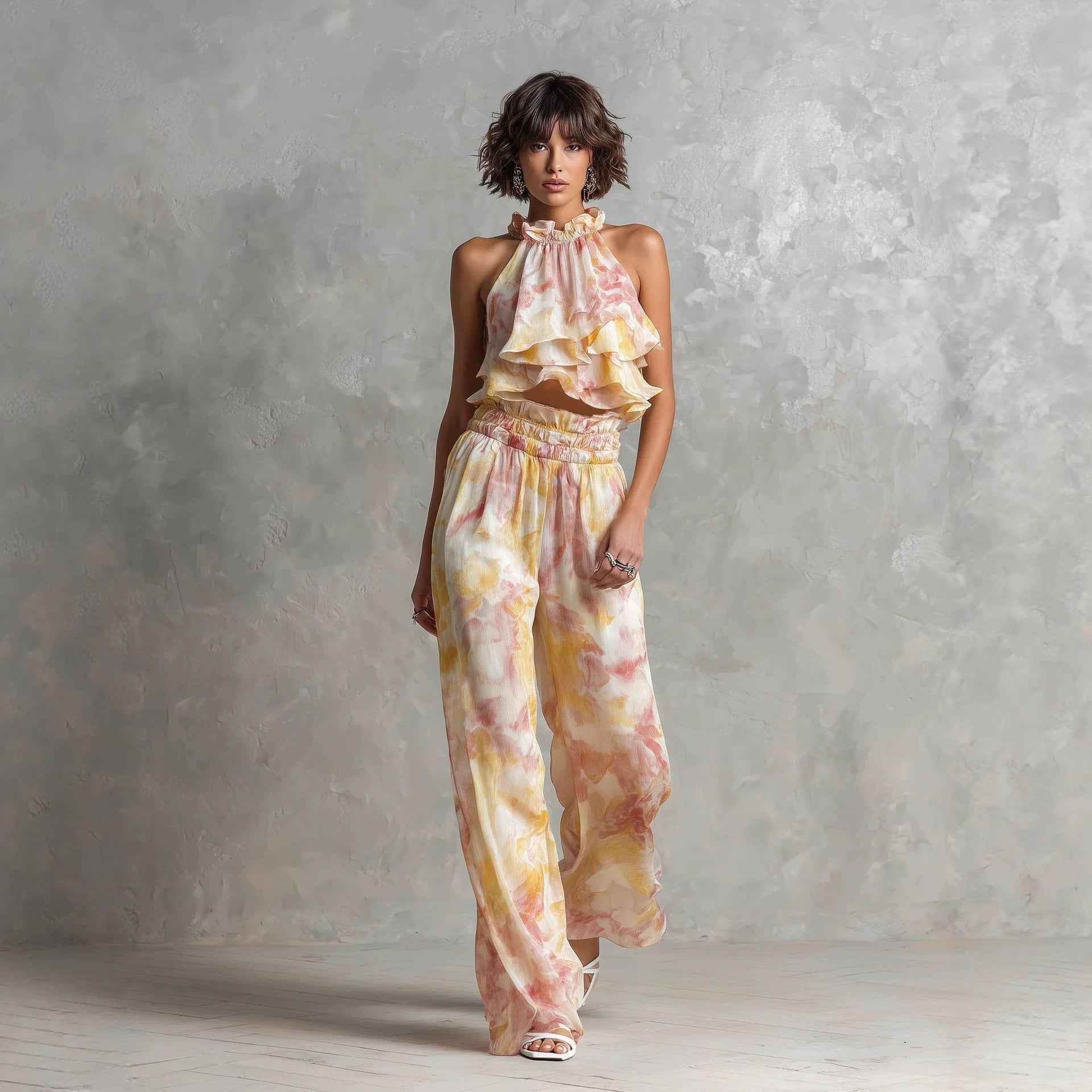 Halter-Neck Printed Top & Pants Set — 3 Colours