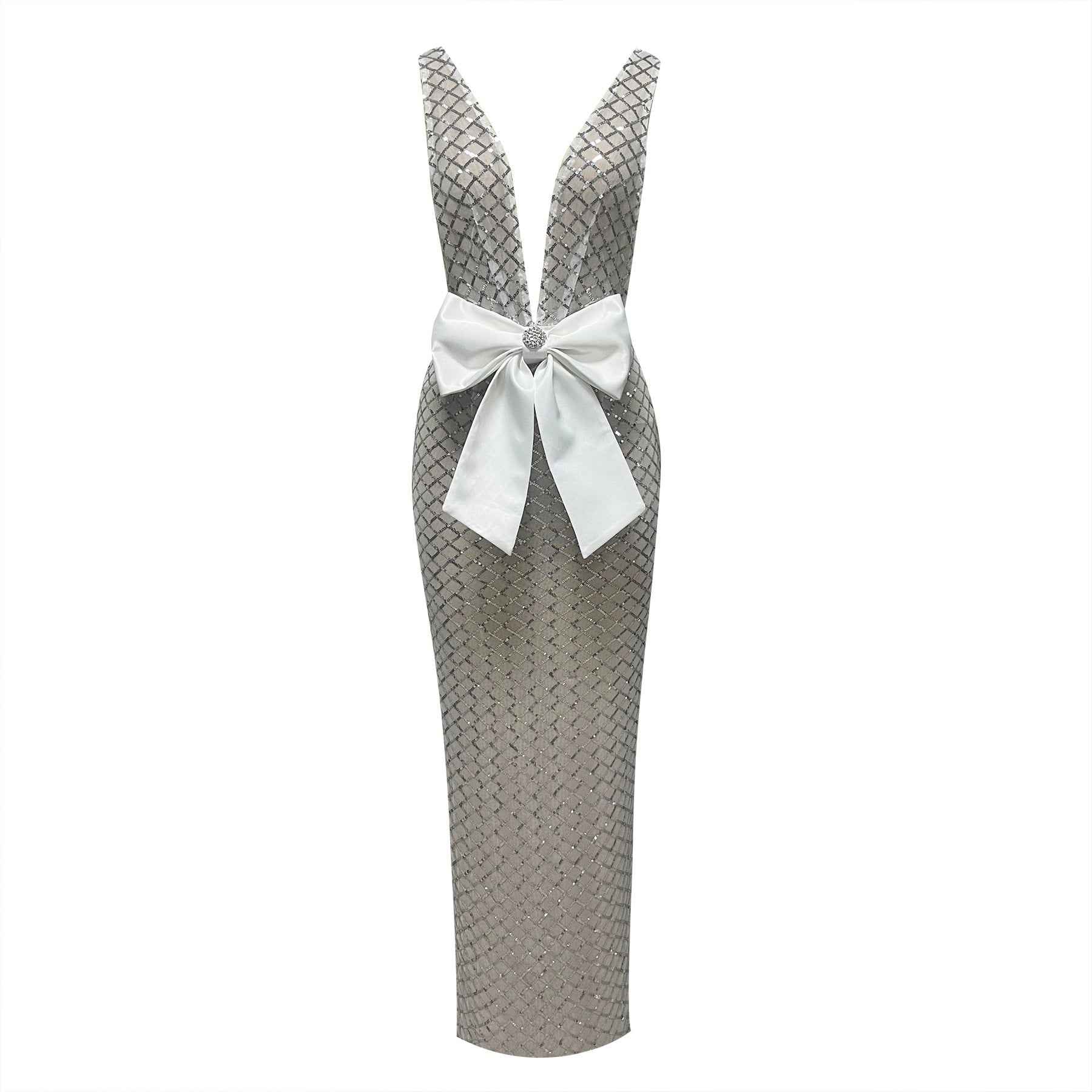 Sleeveless Deep V-Neck Sequin Mesh Embroidered Bow Bodycon Pencil Dress